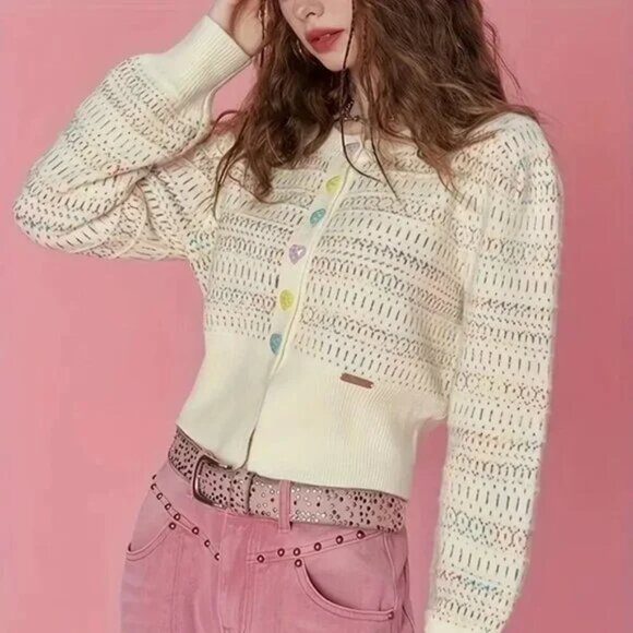Cream/Beige Love Heart Colorful Button Cardigan - Picture 2 of 5